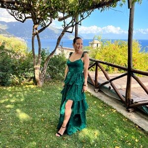 Stunning Glory Hunter Green Floral Jacquard Tiered Maxi Dress